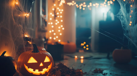 A Halloween party setup featuring glowing jack-o-lanterns, a string of orange and black lights, and fake cobwebs draped across the room.の素材