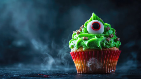 A Halloween cupcake muffin with green frosting, a candy eyeball, and sugar bones, set against a dark background with eerie lighting.の素材