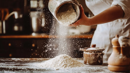 A female hand pouring flour from a vintage container onto a kitchen counter, the fine powder creating a beautiful, snow-like layer as it falls.の素材