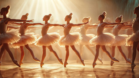 A group of ballerinas performing in unison, their movements synchronized in an elegant dance, with flowing tutus and soft lighting enhancing the scene.の素材