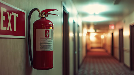 A fire extinguisher hanging on a wall next to an emergency exit sign, ready for use in a large hotel hallway.の素材