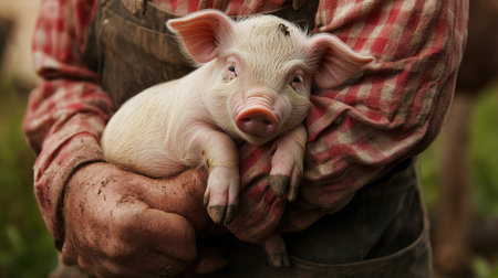 A farmer gently holding a piglet in their arms, with the piglet's tiny legs dangling and a peaceful expression on its face.の素材