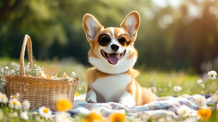 A happy Corgi wearing round sunglasses, sitting on a picnic blanket with a basket, surrounded by flowers and enjoying a sunny afternoon.の素材
