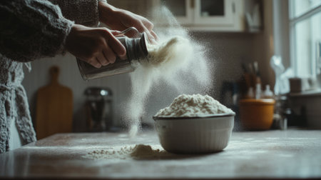 A female hand pouring flour from a vintage container onto a kitchen counter, the fine powder creating a beautiful, snow-like layer as it falls.の素材