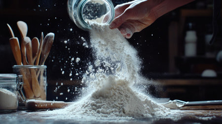 A hand pouring white flour from a glass jar onto a table, creating a soft cloud-like effect, with baking utensils scattered around.の素材