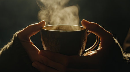 A pair of hands holding a coffee cup close to the chest, with dim lighting highlighting the steam rising into the dark room.の素材
