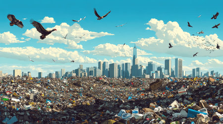 A landfill site overflowing with garbage, with vultures circling overhead and a distant city skyline, symbolizing the growing waste problem.の素材