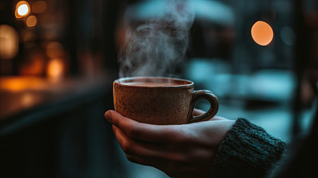A hand holding a ceramic coffee cup in a darkened caf, with just enough light to reveal the texture of the cup and the steam rising from it.の素材