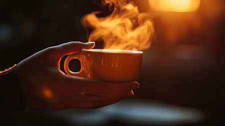 A hand holding a steaming cup of coffee, with dim ambient light casting a soft glow on the cup and the steam swirling in the dark room.の素材