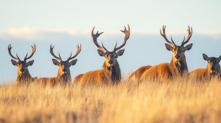 A group of red deer resting in a patch of tall grass, their antlers forming a beautiful natural silhouette against the late afternoon sky.の素材