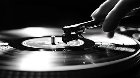 A hand lifting the arm of a gramophone off the record as the music finishes, with the vinyl still spinning on the turntable.の素材