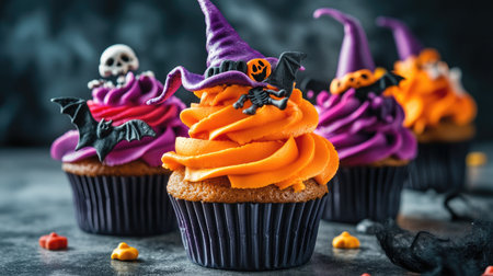 A group of Halloween cupcake muffins with bright frosting, topped with candy bats, skeletons, and witch hats, ready for a spooky celebration.の素材