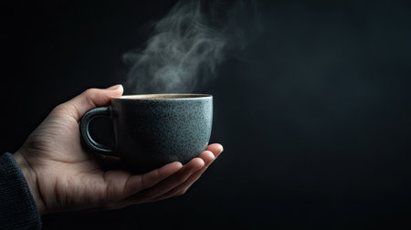 A hand holding a ceramic coffee cup in a darkened caf, with just enough light to reveal the texture of the cup and the steam rising from it.の素材