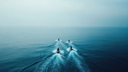 A group of friends riding jet skis in formation across a wide, open ocean, with the horizon stretching out ahead.の素材