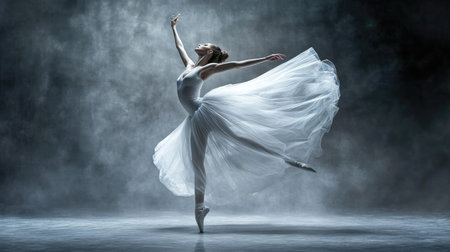 A graceful ballerina in a flowing white tutu performing a pirouette on a grand stage, with soft lighting highlighting her elegant movements.の素材