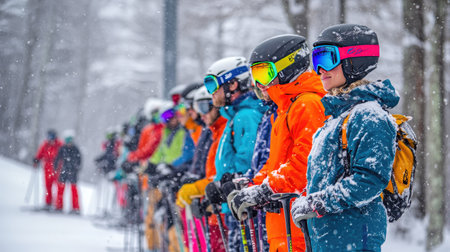 A group of skiers standing in line at the base of a ski lift, with their colorful winter gear creating a vibrant contrast against the white snow.の素材