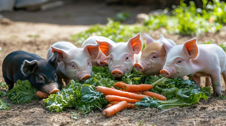 A group of piglets enjoying a meal together in a farm pen, their tiny tails wagging as they munch on fresh vegetables.の素材