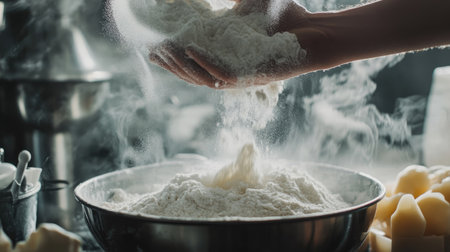 A hand pouring white flour into a mixing bowl, with the flour creating a soft, snow-like cloud as it blends with other baking ingredients.の素材