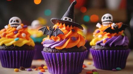 A group of Halloween cupcake muffins with bright frosting, topped with candy bats, skeletons, and witch hats, ready for a spooky celebration.の素材