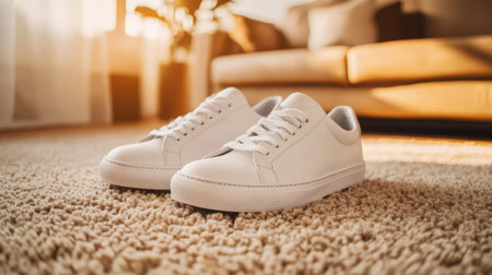 A pair of white leather sneakers resting on a beige carpet, with a neutral-toned living room in the background, showcasing a casual, minimalist lifestyle.の素材