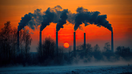 A line of smokestacks belching out pollutants into a reddish sunset, illustrating the impact of industrial pollution on the environment.の素材
