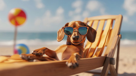 A joyful dachshund wearing sunglasses while lying on a beach chair, with a beach ball nearby, enjoying a sunny day by the sea.の素材