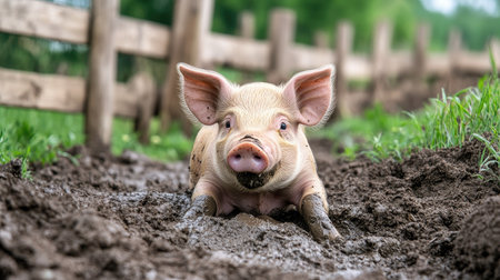 A piglet rolling in a patch of soft mud, with a look of pure joy on its face, framed by the rustic wooden fences of the farm.の素材
