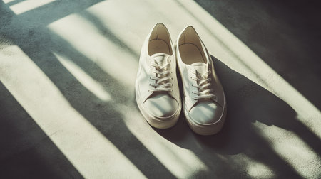 A pair of minimalist white leather sneakers neatly placed on a clean, light grey concrete floor, with soft natural light casting shadows across the scene.の素材