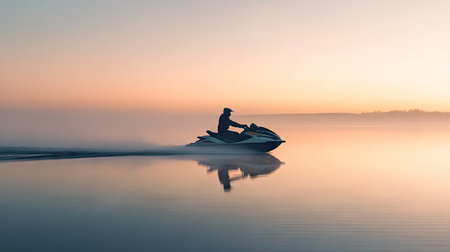 A jet ski rider gliding smoothly across a calm lake at dawn, with the first light of day reflecting off the still water.の素材