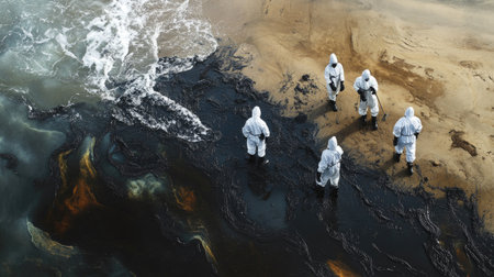 A group of people in hazmat suits cleaning up an oil spill along a coast, with black oil slicks staining the sand and water.の素材