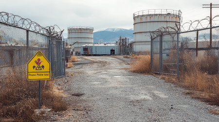 A nuclear waste disposal site with large concrete storage containers, barbed wire fences, and a radioactive warning sign posted at the entrance.の素材