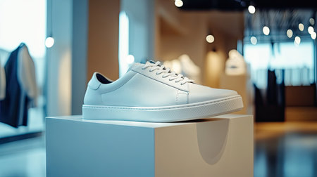 A minimalist white sneaker displayed on a white pedestal in a modern, well-lit showroom, with light bouncing off the smooth leather surface.の素材