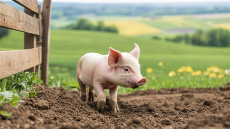 A piglet rooting in the dirt near a wooden fence, happily digging with its snout while the farm fields stretch out in the background.の素材