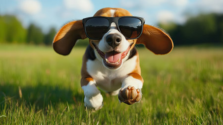 A playful beagle with oversized sunglasses on, running through a grassy field, its ears flapping in the wind and a big grin on its face.の素材