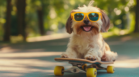 A playful Shih Tzu in bright sunglasses, riding on a skateboard, showcasing its adventurous spirit and happy-go-lucky attitude in a park.の素材
