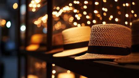 A row of intricately designed hats on display in a boutique window, each lit softly by warm lights in the background.の素材
