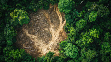 A top-down view of a deforested area in a tropical rainforest, with tree stumps and barren land where lush greenery once stood.の素材