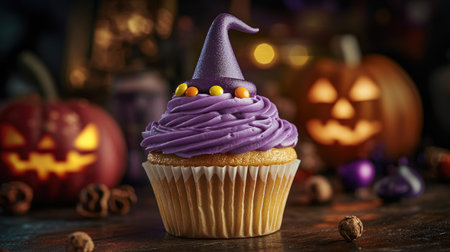 A witch-themed Halloween cupcake muffin with purple frosting, a tiny candy hat, and spooky decorations in the background.の素材