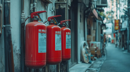 A row of fire extinguishers placed outside a building during a fire safety inspection, with inspectors checking their functionality.の素材