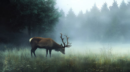 A red deer grazing in a misty field, the morning fog gently lifting as it feeds quietly in the tall grass, surrounded by a peaceful forest.の素材
