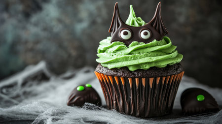 A single Halloween cupcake muffin with green frosting, candy monster eyes, and a chocolate bat, placed on a spooky table with cobweb decorations.の素材