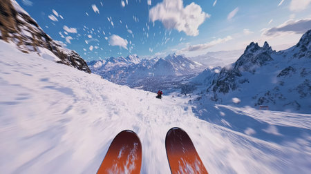 A skiers POV as they race down a steep slope, with snow flying past and distant mountains visible on the horizon.の素材