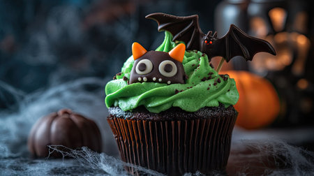 A single Halloween cupcake muffin with green frosting, candy monster eyes, and a chocolate bat, placed on a spooky table with cobweb decorations.の素材