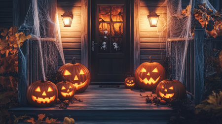 A spooky Halloween front porch decorated with carved pumpkins, flickering lanterns, and fake spider webs draped over railings and bushes.の素材