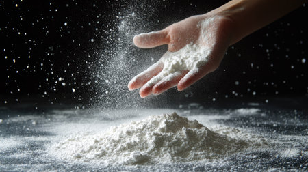 A womans hand sprinkling flour over a baking surface, the powder creating a fluffy snow-like blanket as she prepares for a delicious treat.の素材