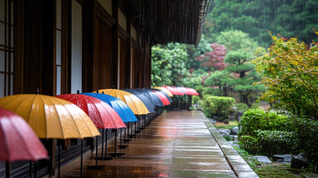 A row of neatly lined up umbrellas outside the entrance of a traditional Japanese tea house, with the rain gently falling.の素材