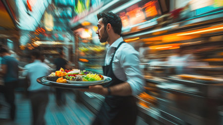 A waiter dashing through a busy caf, carrying a tray piled high with colorful dishes, showcasing the energy and excitement of the dining experience.の素材