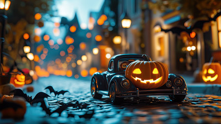 A toy car carrying a funny, carved pumpkin as it drives through a street lined with fake bats and glowing Halloween lanterns.の素材