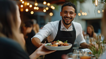 A waiter rushing to a table with a bright smile, presenting a beautifully plated dish to excited customers celebrating a special occasion.の素材