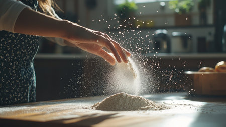 A womans hand gracefully pouring flour onto a flat surface creating a gentle snowfall effect as she prepares for baking in a bright kitchen.の素材